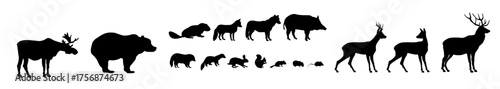 Animals living in european forest. Wildlife icon set of silhouette.