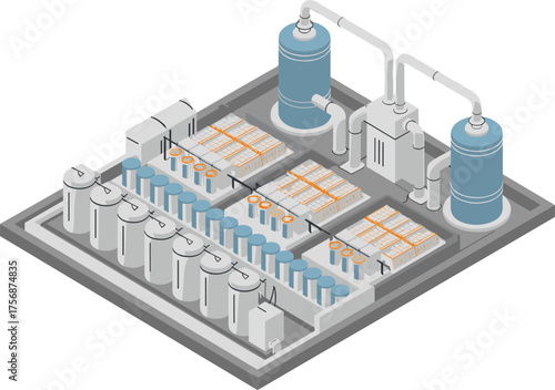 Isometric illustration of industrial water treatment plant facility with large storage tanks, filtration units, pipelines, and chemical processing system