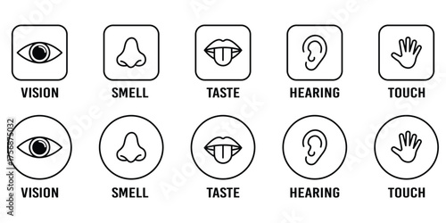 Five human senses editable stroke outline icons set. Flat vector illustration of human senses including ear, eye, nose, lips, and hand in minimalist design style. line icon set of five human senses.