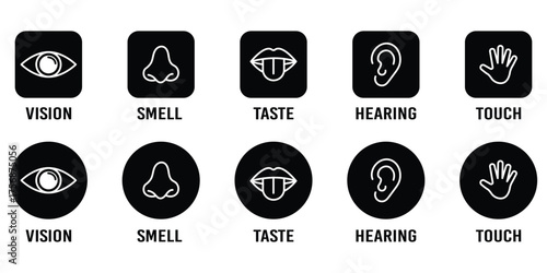 Five human senses editable stroke outline icons set. Flat vector illustration of human senses including ear, eye, nose, lips, and hand in minimalist design style. line icon set of five human senses.