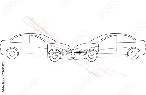 Minimalist line art sketch two cars colliding head single line collision accident