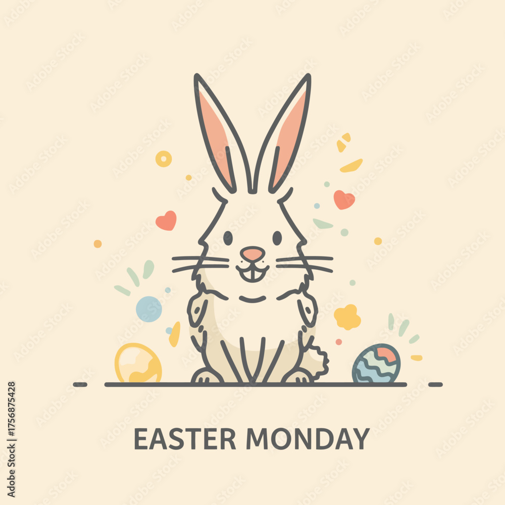 Fototapeta premium A charming illustration presents a cheerful Easter bunny, surrounded by colorful eggs and festive decorations, perfect for holiday designs and springtime celebrations.