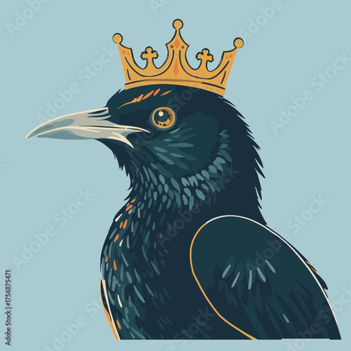 An illustrated raven, adorned with a golden crown, stands out against a serene blue backdrop, embodying regality and the allure of nature.