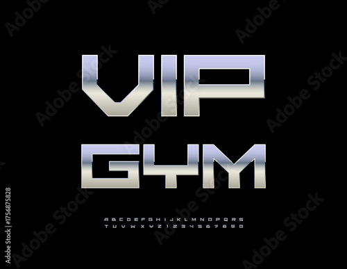 Vector Premium icon Vip Gym. Trendy Techno Font. Unique Metallic Alphabet Letters and Numbers set. 
