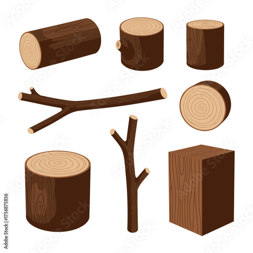A collection of various natural wooden elements including logs branches and lumber pieces.