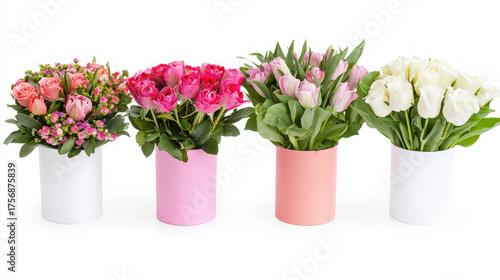 Wallpaper Mural Beautiful floral arrangements featuring pink roses, tulips, and white roses in stylish containers, perfect for gifting or decoration Torontodigital.ca