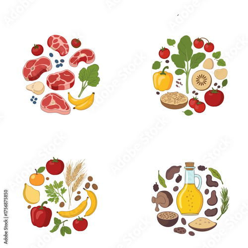 Colorful circular arrangements of various healthy food ingredients depicting different food groups.