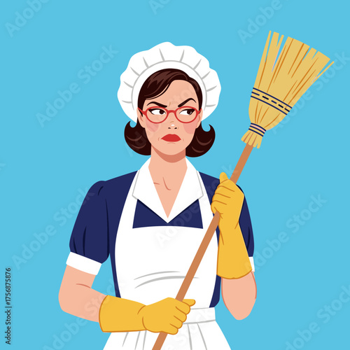 A determined housekeeper holding a broom with a stern expression ready for rigorous cleaning duties.