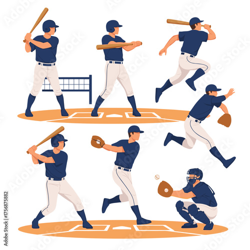 A collection of baseball players in different positions and actions on the field.
