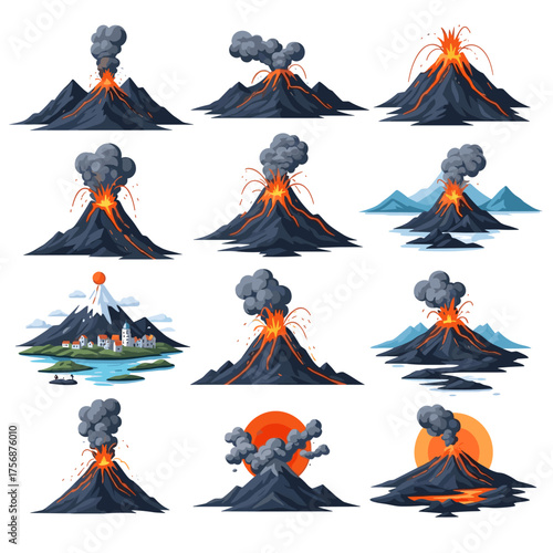 Illustrations of active volcanoes erupting with lava ash and smoke.