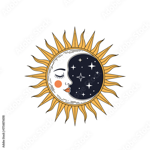 Artistic representation of the celestial bodies sun and moon merging in a mystical illustration.