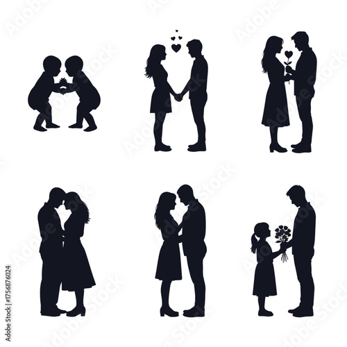 Silhouettes of couples and children in romantic poses showcasing love and connection.