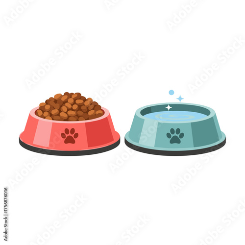 Two pet bowls one filled with dry food and the other with fresh water.
