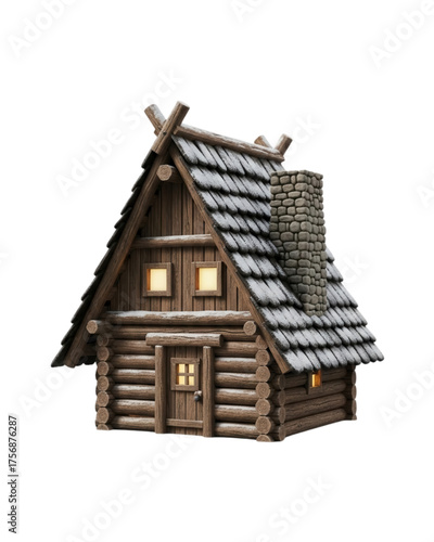 Cozy snow-covered cabin with warm light glowing, perfect for holiday scenes, winter wonderlands, and charming rustic retreats, isolated to drop into your designs