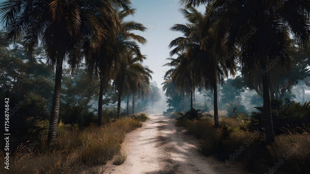 Obraz premium A dirt road winds through a tropical landscape lined with lush palm trees under a bright misty sky