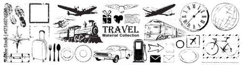 【ベクター】ヴィンテージ旅行素材集｜レトロな交通機関と旅行アイテムのイラストセット