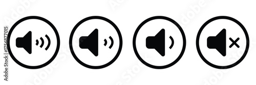 Sound volume icons set with different signal levels on white background. Sound icon, volume symbol, speaker sign, audio control icon set. Vector Eps10