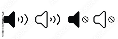 Sound volume icons set with different signal levels on white background. Sound icon, volume symbol, speaker sign, audio control icon set. Vector Eps10