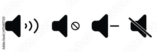 Sound volume icons set with different signal levels on white background. Sound icon, volume symbol, speaker sign, audio control icon set. Vector Eps10