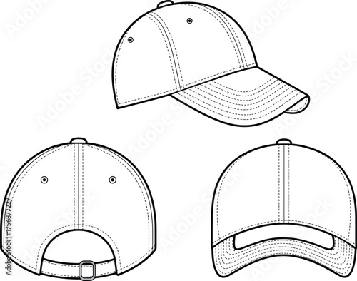 Baseball cap technical flat sketch, front side and back view design with curved brim and adjustable strap, apparel CAD drawing vector illustrationBaseball cap technical flat sketch, 