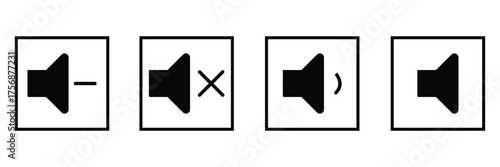 Sound volume icons set with different signal levels on white background. Sound icon, volume symbol, speaker sign, audio control icon set. Vector Eps10