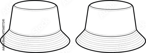 Bucket hat technical flat sketch, two design variations with stitched brim detail, apparel CAD drawing, clothing vector illustration fashion template