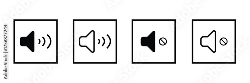 Sound volume icons set with different signal levels on white background. Sound icon, volume symbol, speaker sign, audio control icon set. Vector Eps10