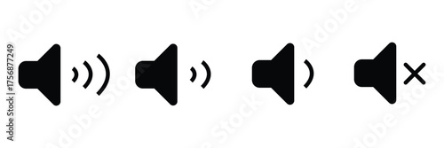 Sound volume icons set with different signal levels on white background. Sound icon, volume symbol, speaker sign, audio control icon set. Vector Eps10