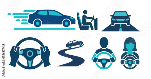 Driving concept icons set. Vector illustration of car, driver, steering wheel, and road symbols in flat blue style. Perfect for transport, automotive, and safety designs.