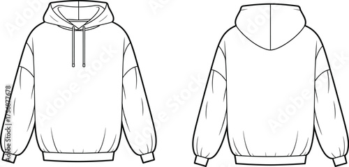 Hooded sweatshirt flat sketch with drawstring, dropped shoulder seams, ribbed cuffs and hem, relaxed fit hoodie template, cad drawing flat vector illustration