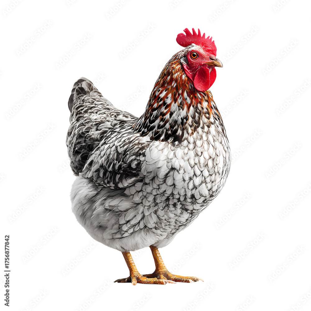 Fototapeta premium Close-up of a speckled hen isolated on transparent background