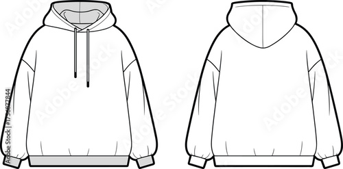 Hoodie sweatshirt technical flat sketch, front and back view, drawstring hood relaxed fit design, apparel CAD drawing, clothing vector illustration template