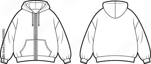 Hoodie sweatshirt technical flat sketch, front and back view, full zip hood drawstring, kangaroo pockets, ribbed cuffs hem, apparel design template, CAD drawing flat vector illustration