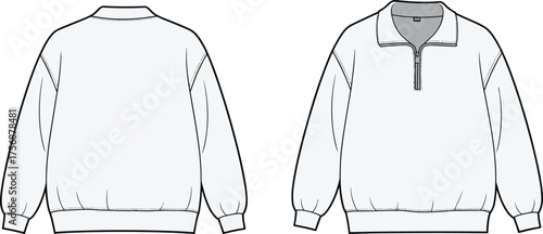 Pullover sweatshirt technical flat sketch, front and back view, half zip collar, ribbed cuffs hem, apparel design template, CAD drawing flat vector illustration