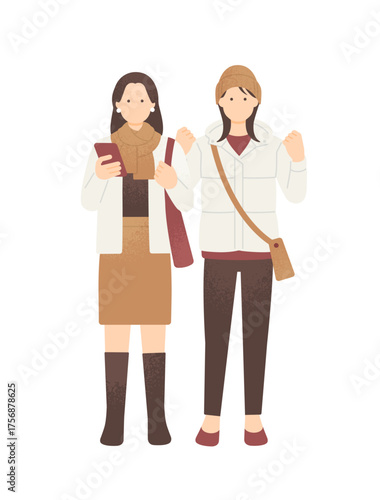 スマートフォンを片手に秋の女子旅を楽しむ二人の女性のイラスト