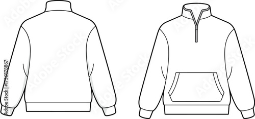 Pullover sweatshirt technical flat sketch, half zip high collar design, kangaroo pocket casual fashion template, apparel CAD drawing, clothing vector illustration