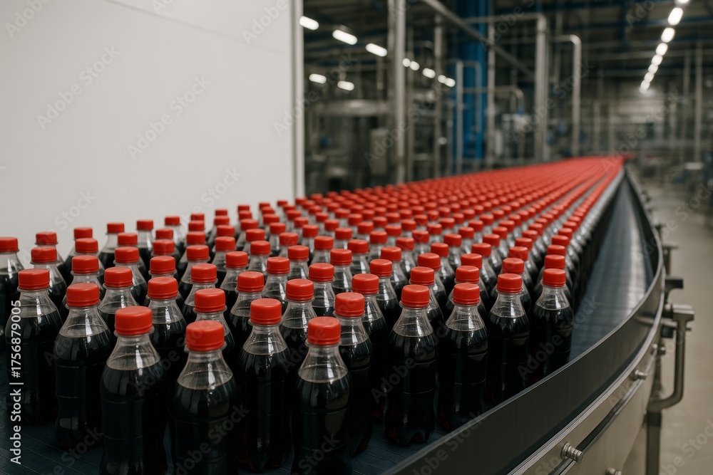 Fototapeta premium Hundreds of plastic soda bottles with red caps moving on a conveyor belt in a modern beverage factory production line interior under artificial lighting. Ai generative