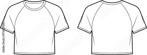 Short sleeve cropped raglan t shirt, fashion flat sketch, technical clothing design, vector apparel template, cad drawing flat vector illustration