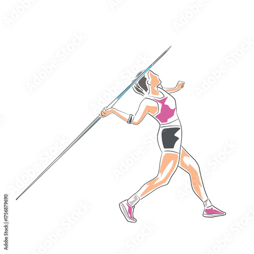 Javelin throw, female athlete. Woman throws javelin, athletics. Isolated flat design vector illustration