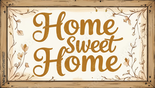 Warm welcome home sweet home sign with rustic floral frame creating cozy inviting atmosphere