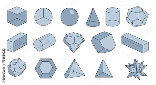 Collection of geometric shapes demonstrating various polyhedra and solids