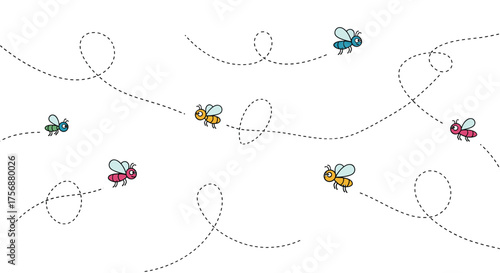 Charming cartoon insects fluttering and flying around in playful patterned flight paths across a bright white background