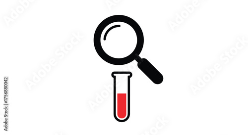 Examining a red liquid sample in a test tube under magnifying glass for scientific research and analysis purposes