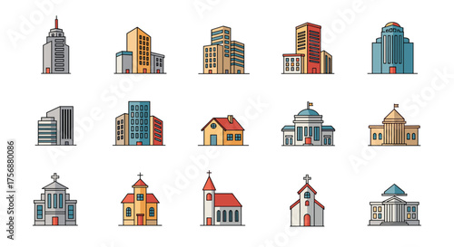 Collection of pixel art buildings representing diverse architectural styles and structures