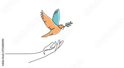 A symbol of hope and new beginnings a dove carries an olive branch to an open hand