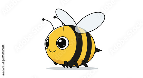 Adorable round cartoon bee character with big eyes and fuzzy body flying through the air
