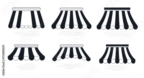 Collection of six striped awnings providing shade and decorative elements for outdoor spaces and businesses