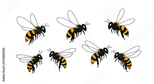 Collection of several flying honey bees with detailed wings and stripes in naturalistic illustration style