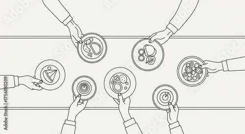 Overhead view of hands holding various dishes at a communal dining table, illustrating sharing and culinary diversity