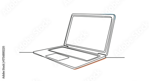 A simple minimalist line art drawing of an open portable computer on a flat surface displaying a blank screen and keyboard and touchpad in white background